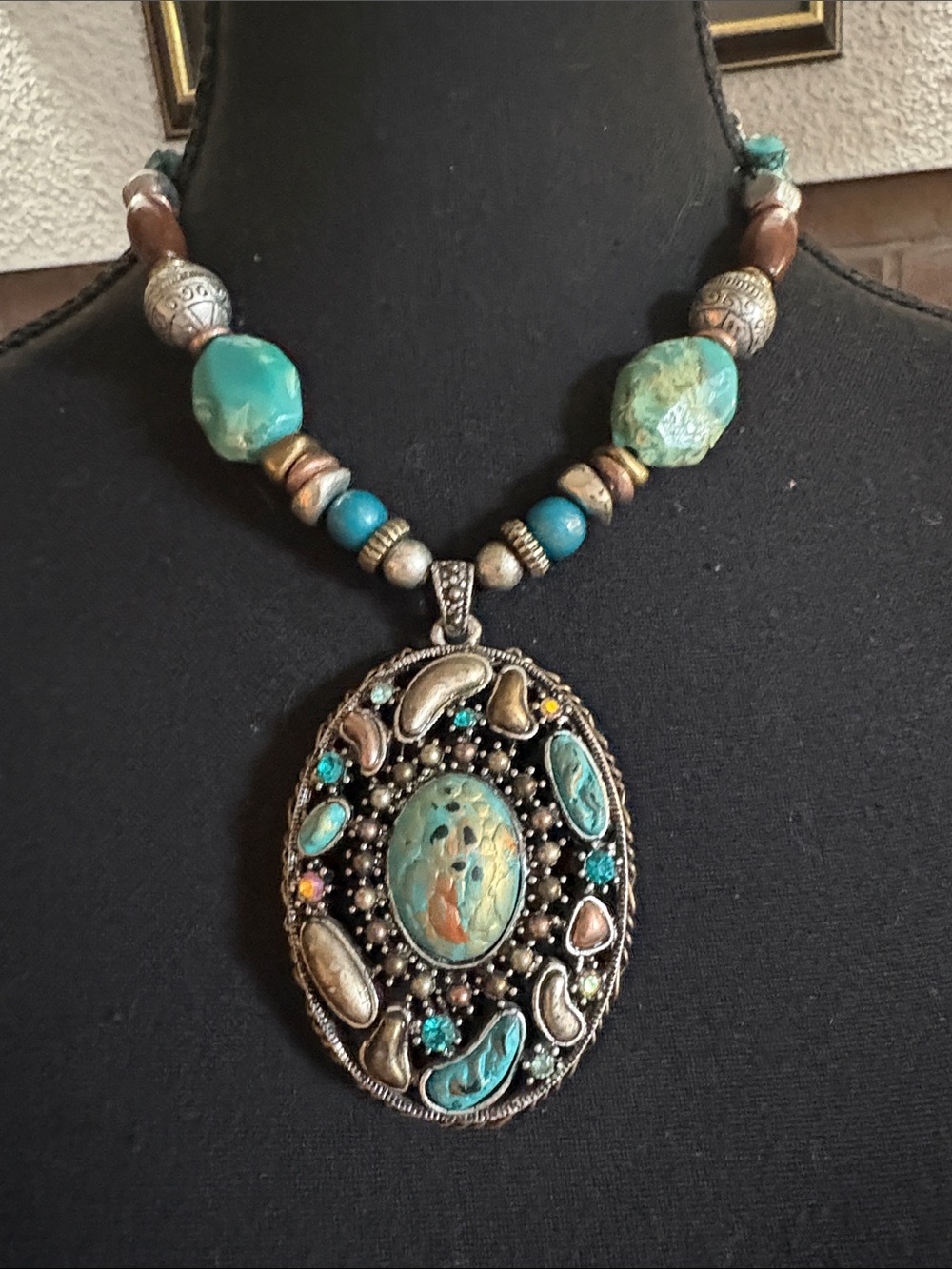 Vintage Turquoise and Teal Beaded Pendant Necklace - Vintage